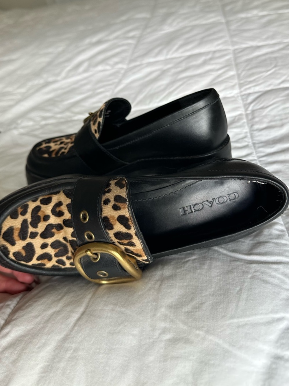 Coach Black Grand Leather Lug Sole Loafer with Leopard Print and Brass Buckle - Picture 6 of 8